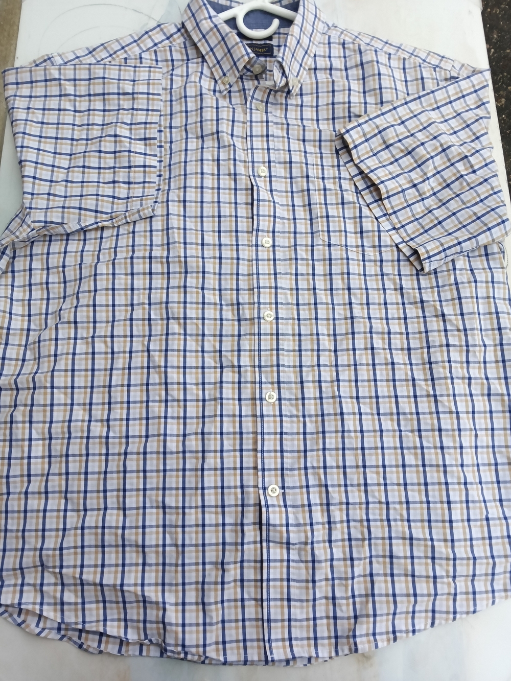 madison james Short Sleeve Plaid Button-Down Shirt in Blue and Tan